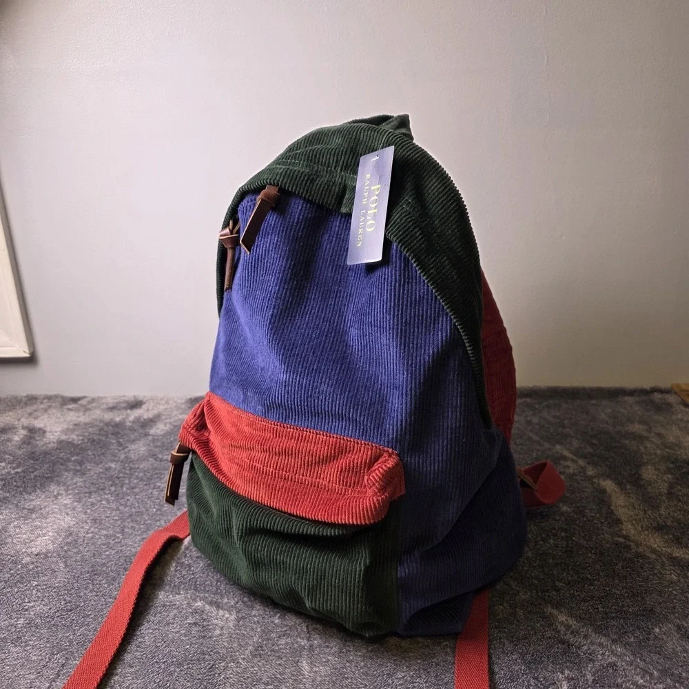 Polo Ralph Lauren Corduroy Colorblock Backpack Blue Red Green Laptop Travel Bag